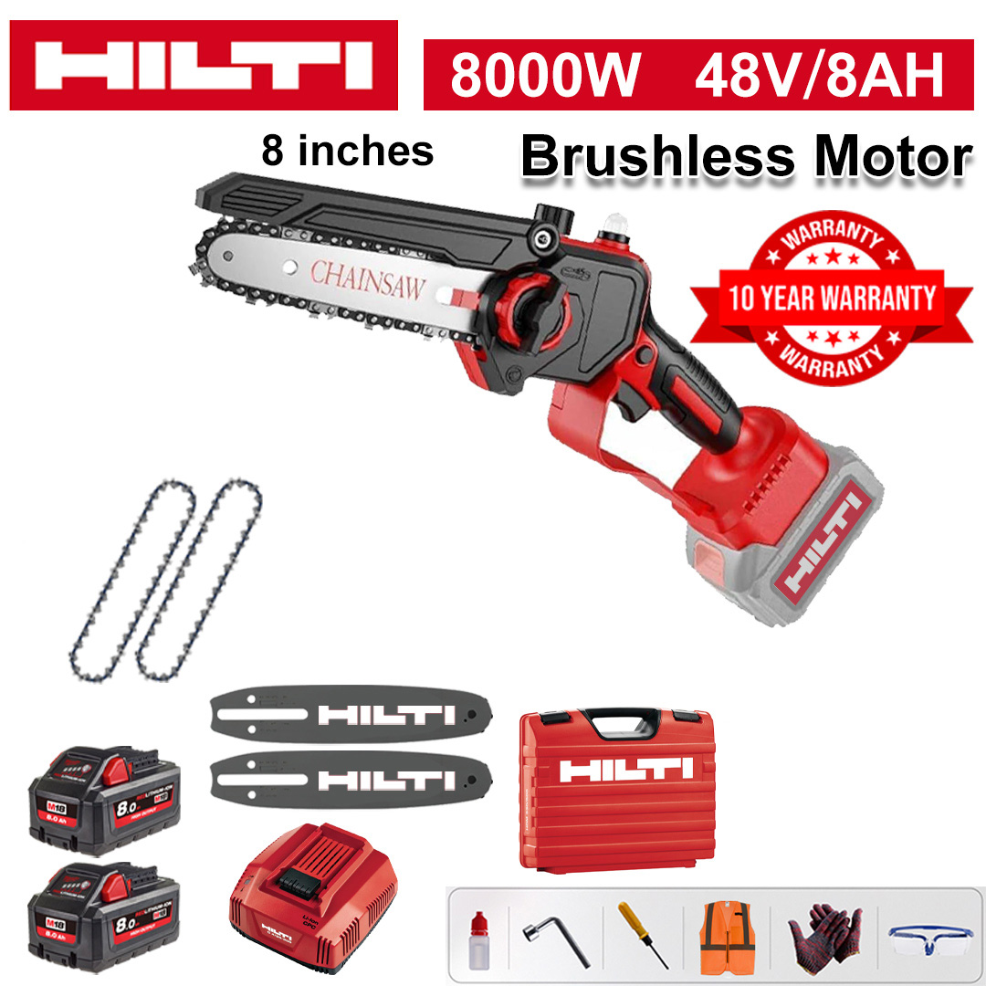 8 Inch Brushless Lithium Electric Saw, 8000W Power, 48V 8.0Ah Battery*2, Charger, Guide Plate*2, Chain*2, Tool Box, Lubricant & Goggles, Warranty five years