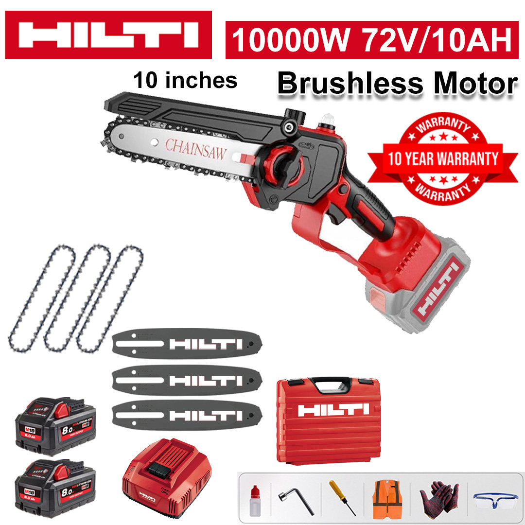 10 Inch Brushless Lithium Electric Saw, Power 10000W, 72V 10Ah Battery*2, Charger, Guide Plate*3, Chain*3, Tool Box, Lubricant and Goggles, Ten Years Warranty