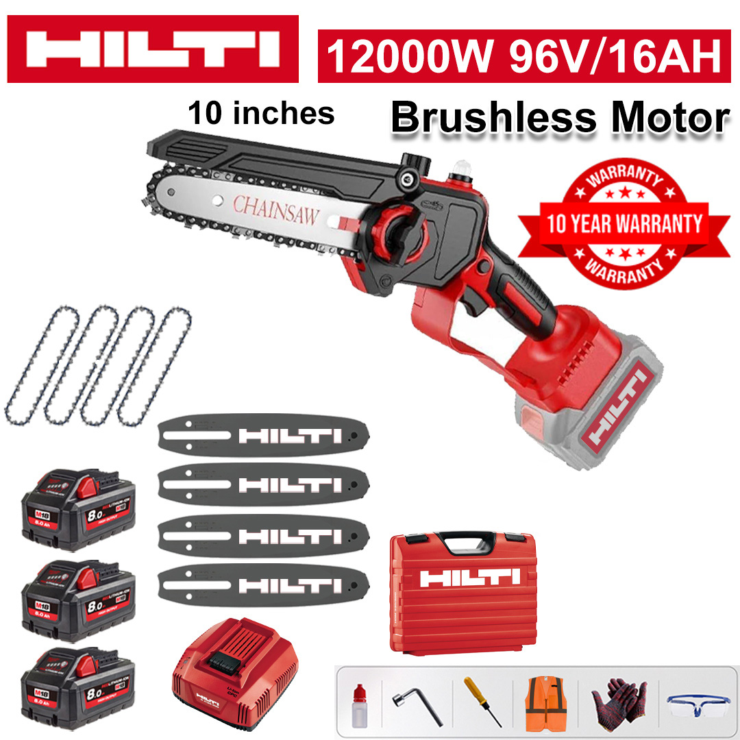 10 Inch Brushless Lithium Electric Saw, Power 12000W, 96V 16Ah Battery*3, Charger, Guide Plate*4, Chain*4, Tool Box, Lubricant and Goggles, Ten Years Warranty