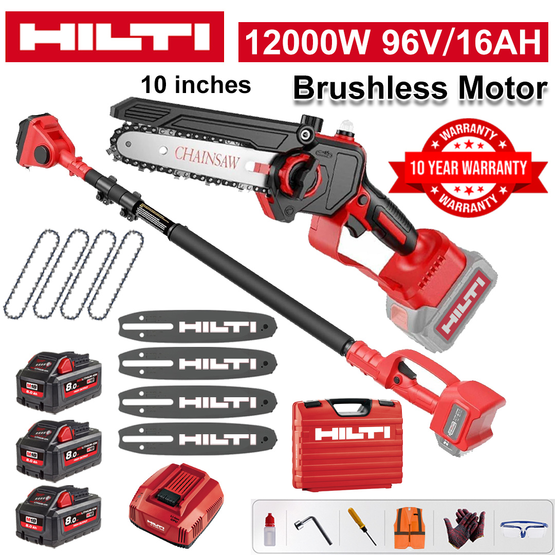 10 Inch Brushless Lithium Electric Saw, Power 12000W, 96V 16Ah Battery*3, Charger, Guide Plate*4, Chain*4, Tool Box, Lubricant and Goggles, Ten Years Warranty(Equipped with Telescopic Pole )